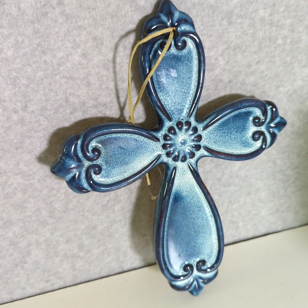 Ceramic Cross Wall Hanging Blue Religious Home Decor Spiritual Art 9.25 X 11.75
